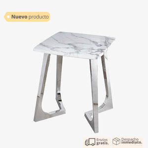 Mesa auxiliar de mármol con base metálica plateada