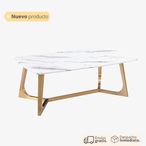 Mesa de centro rectangular con cubierta de mármol y base metálica en tono oro rosa