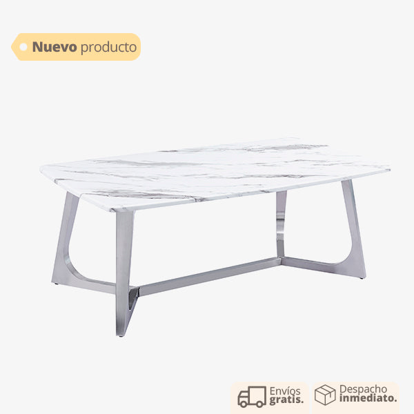 Mesa de centro rectangular con cubierta de mármol y base metálica plateada