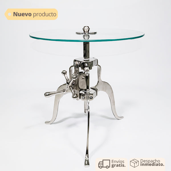 mesa auxiliar redonda plateada con superficie en vidrio estilo moderno vertihome