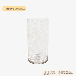 Jarrón Casanova decorativo en vidrio blanco y transparente, estilo clásico y elegante.