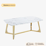 Mesa de centro rectangular con cubierta de mármol y base metálica dorada