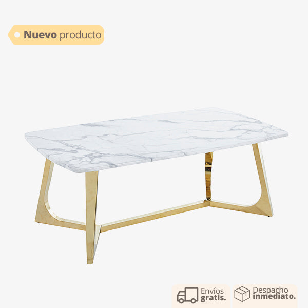 Mesa de centro rectangular con cubierta de mármol y base metálica dorada