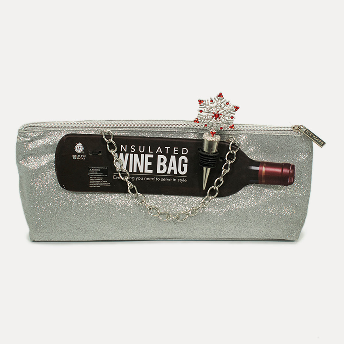 Lujosa cartera, bolsa, porta vinos color plateado con brillantes y correo metálica, ideal para ocasiones familiares o el regalo perfecto para los amantes del vino, viene con un tapón para el vino en forma de estrella navideña, reutilizable fácil de usar y de sellado, duradera y resistente fabricada en espuma de polietileno, fácil de transportar ayudando a beber mejor el vino el cualquier lugar.  Envió gratis a nivel nacional. 