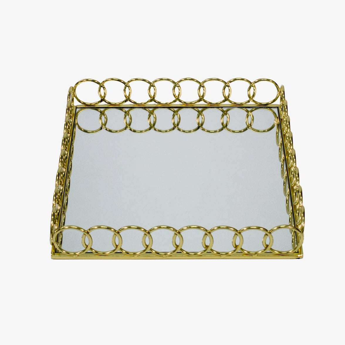 Bandeja ideal para usar en mesas auxiliares o complementar la decoración de la mesa de centro. Por su diseño es ideal para tus ambientes, solo en Vertihome, con anillos dorados y espejo incluido. 