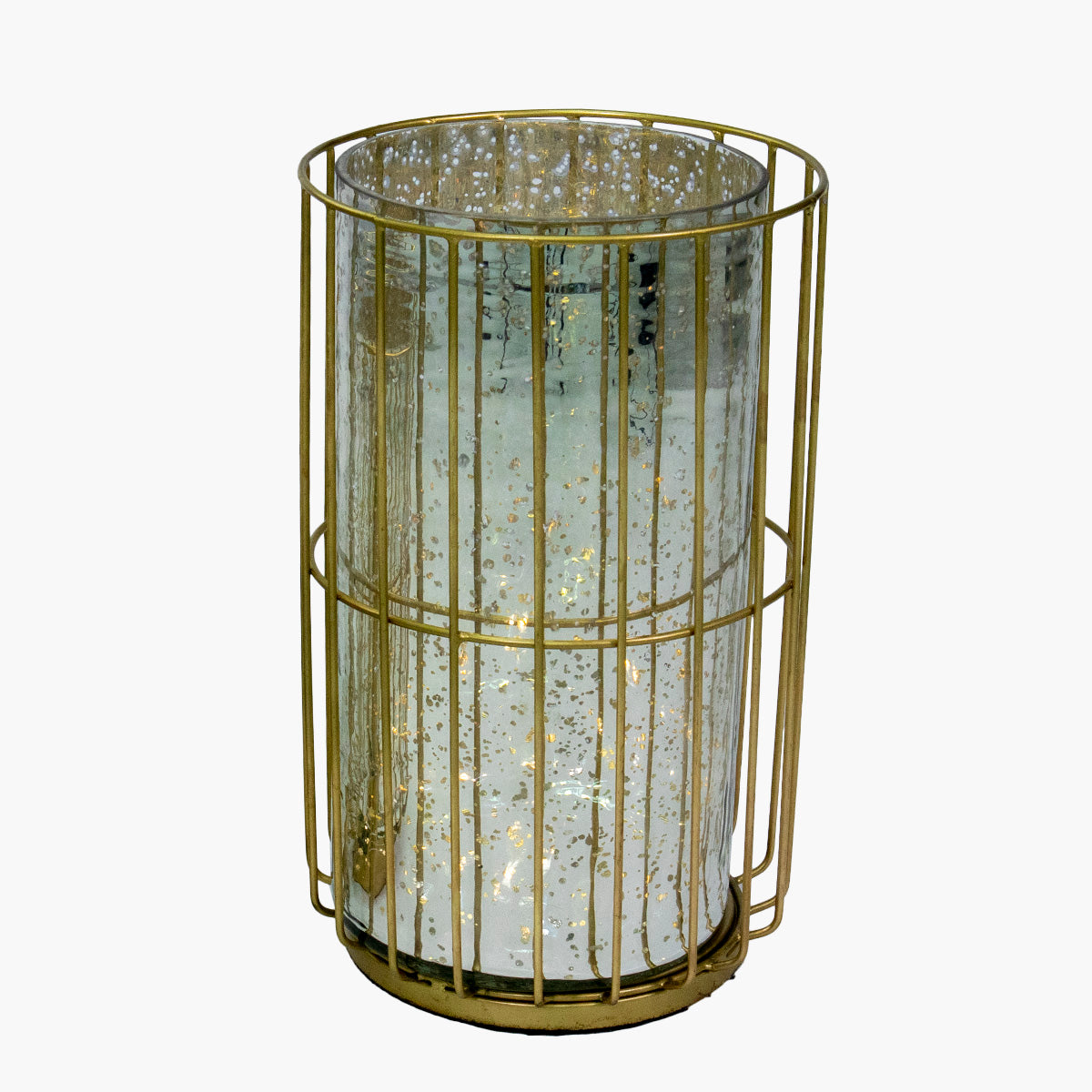 Candelabro dorado con base metálica y vidrio