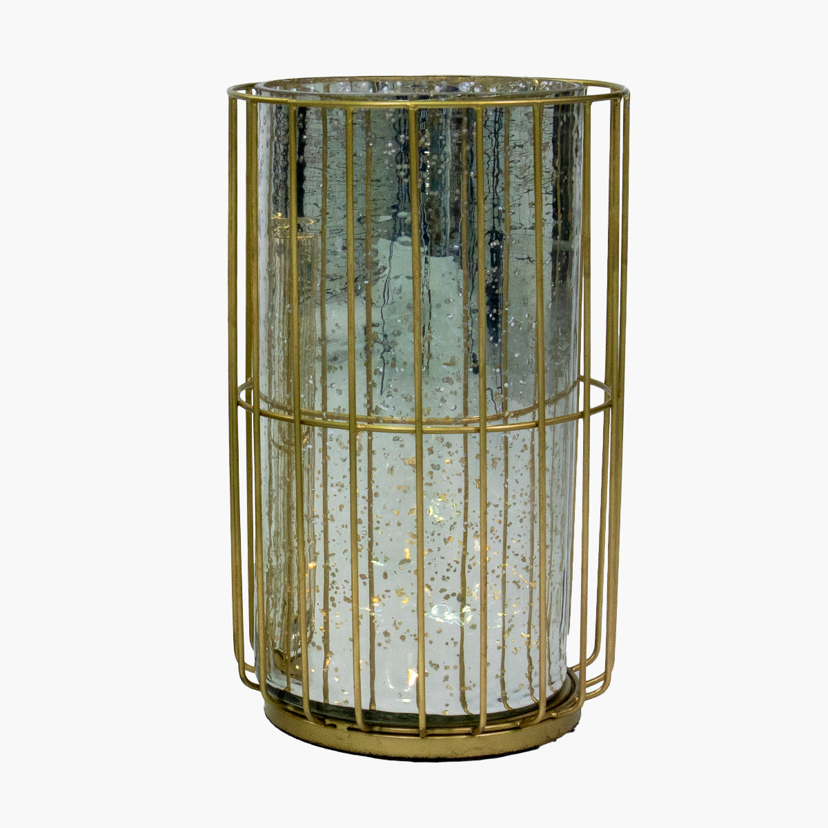 Candelabro dorado con base metálica y vidrio