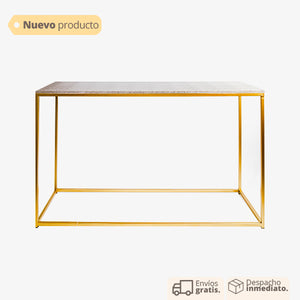 consola rectangular dorada y café en metal y cuerina para recibidores vertihome