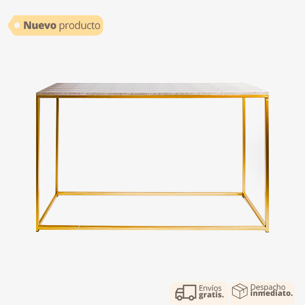 consola rectangular dorada y café en metal y cuerina para recibidores vertihome