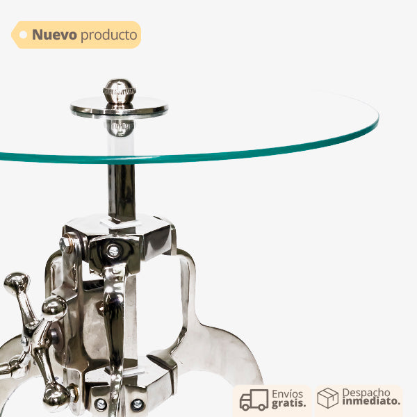 mesa auxiliar redonda plateada con superficie en vidrio estilo moderno vertihome