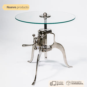 mesa auxiliar redonda plateada con superficie en vidrio estilo moderno vertihome