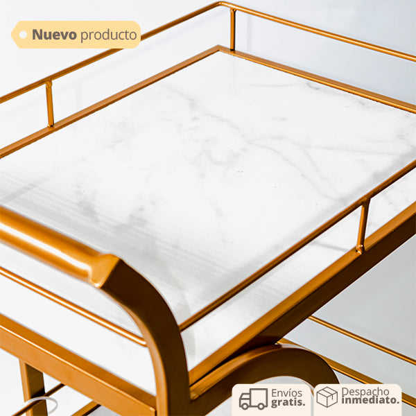 Mesa auxiliar decorativa con ruedas color dorado y blanco