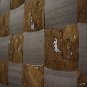 papel de colgadura corcho tonos café y gris con patrón de cuadros irregulares textura natural vertihome