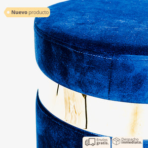 puff decorativo redondo en tela azul con base metálica