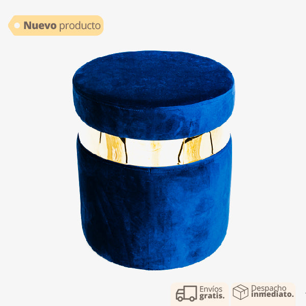 puff decorativo redondo en tela azul con base metálica