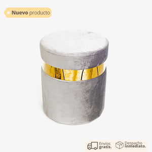 puff decorativo redondo en tela gris con base metálica
