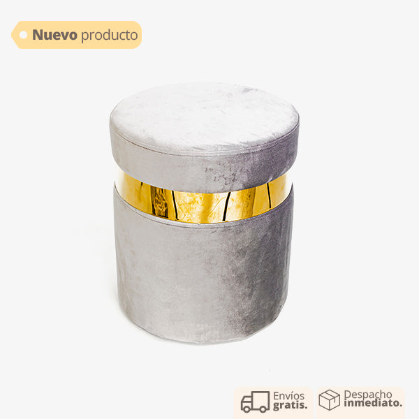 puff decorativo redondo en tela gris con base metálica