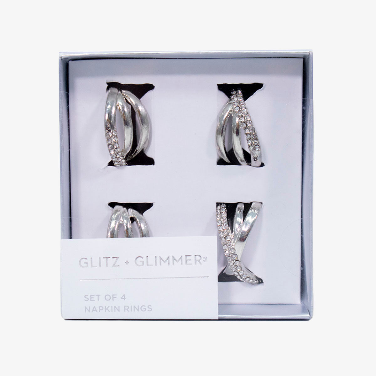 Set de servilleteros de anillos plateados en metal inoxidable, diseño elegante para decoración de mesa.
