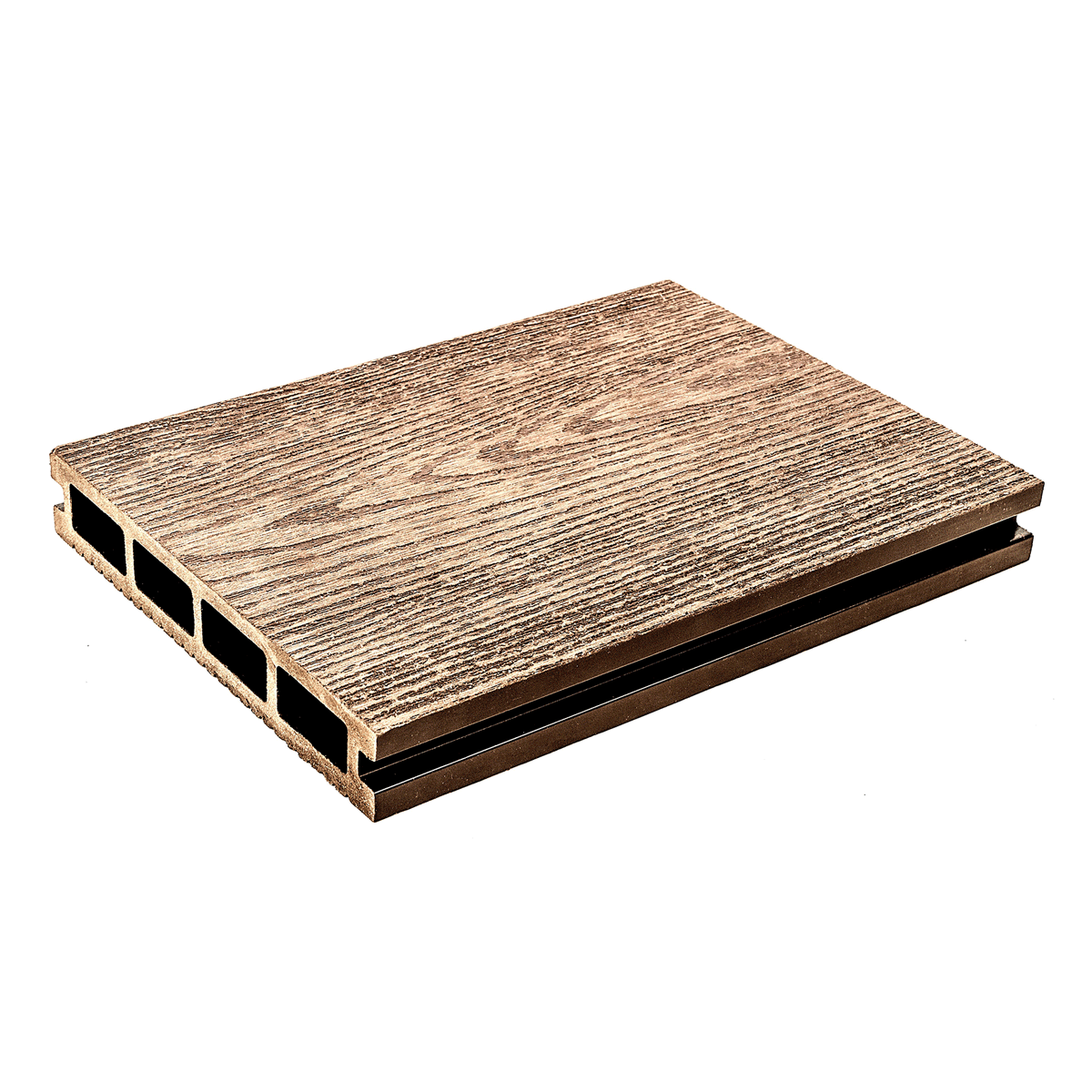 Fabricado con fibras de madera y resinas plásticas. Esto hace que sea un producto 100% reciclable. Dentro de sus principales características está la resistencia al agua, al peso moderado y al exterior en general; no se astilla, anti hongos, bajo mantenimiento, resistente a la intemperie, amigable con el ambiente y fácil de instalar.